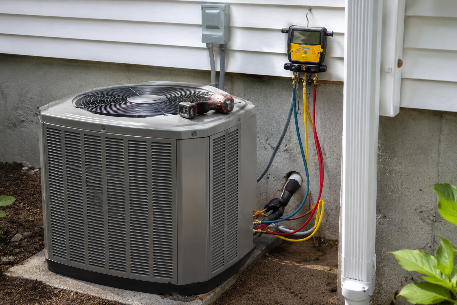HVAC technician performing residential AC maintenance on a home air conditioning system to improve performance and reliability