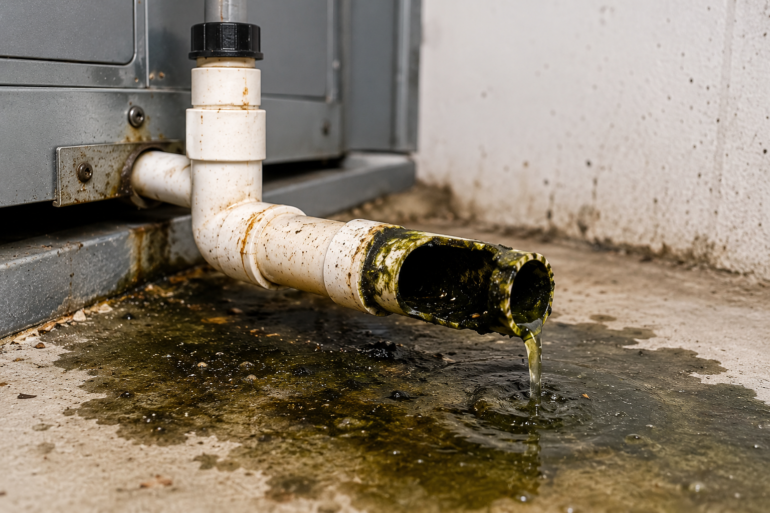 HVAC technician performing clogged AC drain line repair to prevent water leaks and home flooding.